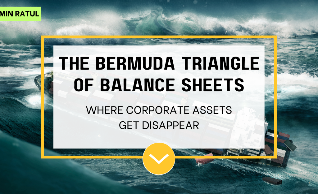 Forensic accountant analyzing balance sheet discrepancies showing Bermuda Triangle of asset disappearance